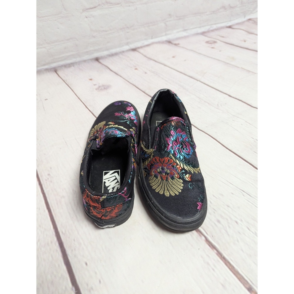 Vans Floral EMBROIDERED Black Satin Festival Slip On Size W 5 #721454 NWOB